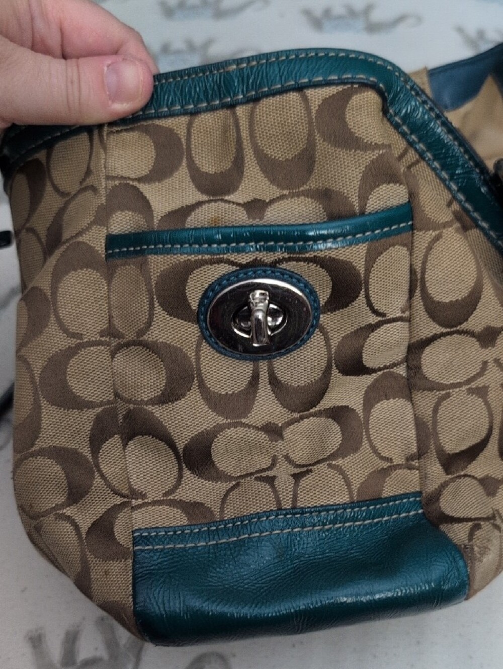 Vintage Y2k Coach Brown Signature Shoulder Bag with Teal Trim - Picture 4 of 10